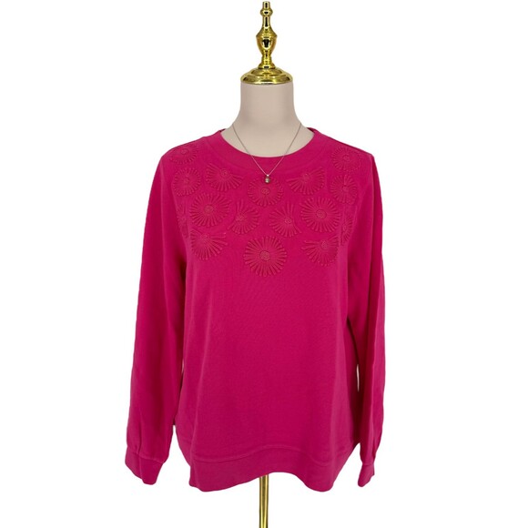 Talbots Floral Sweatshirt Size XL PETITE Pink 100% Cotton Beaded Daisy Crewneck - Picture 2 of 13